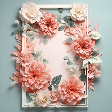 Lovely pastel colors floral frame with pale pink and beige flowers, top viewの素材