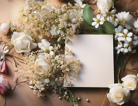 Beautiful blank paper card mock up flat lay with pale flowers on beige table, top viewの素材