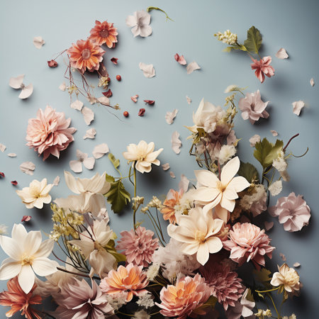 Beautiful pale flowers and petals scattered across pastel blue background, top viewの素材