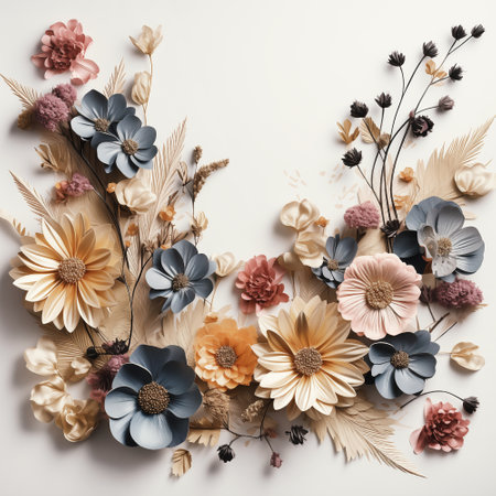 Neutral color floral border with flowers and dried leaves in beige on white backgroundの素材