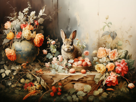 Beautiful vintage Easter greeting card with bunny, Easter eggs and flowers. Still lifeの素材