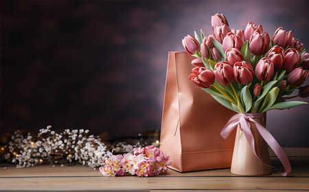 Gift bouquet of tulips in pink vase with ribbon on table at wall background with copy space. Suitable for Mother's Day or Valentine's Day greetingの素材