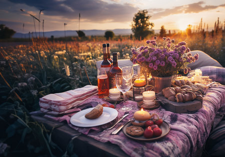 Romantic evening picnic at sunset with wine, fruit, bouquet of flowers and candles, outdoorの素材