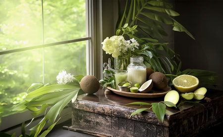 Coconut milk in glass jug and citrus fruits on rustic wooden table with palm leaves and flowers at window backgroundの素材