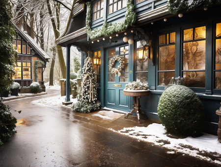 Entrance to house decorated for Christmas with Christmas wreath on the door and ornaments on trees, outdoorの素材