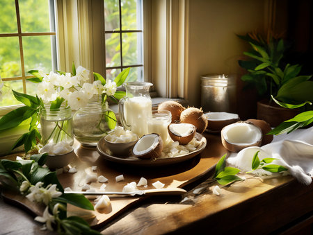 Homemade coconut milk preparation on sunny wooden kitchen table at window backgroundの素材