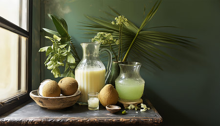 Still life with coconut milk and coconut water in glass jugs on wooden table with palm leaves and coconuts at window at green wall backgroundの素材