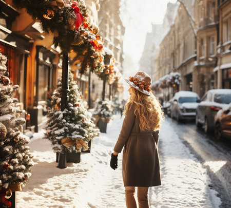 Young women walking down on snowy Christmas decorated city street with holiday garlands on store showcases and Christmas trees, outdoorの素材