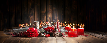 Christmas background with red candles and ornament, fir branches and cozy holiday bokeh at dark rustic tableの素材