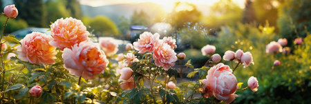 Beautiful flowers garden banner with peony flowers at sunny summer day, outdoorの素材