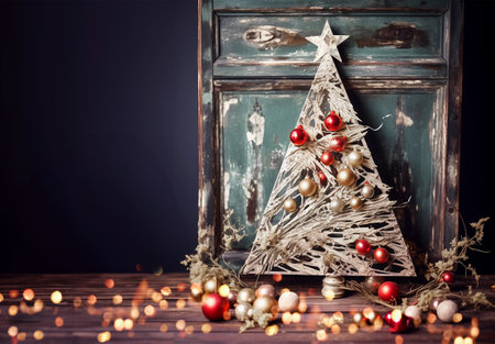 Christmas background with handmade Christmas tree and red ornament on table with bokeh and copy spaceの素材