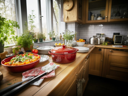 Red cast iron cookware on wooden kitchen table at windowの素材