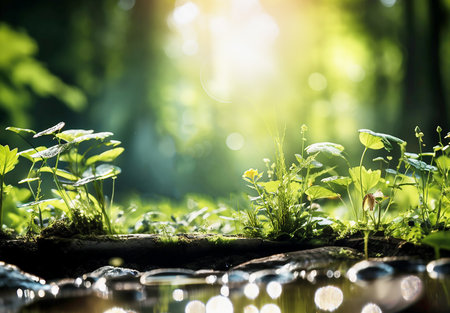 Amazing green nature background banner with wild herbs and grasses with sunlight and bokeh, outdoorの素材