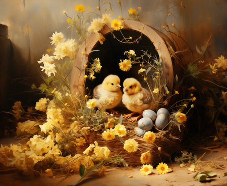 Vintage Easter greeting card with chicks, eggs and yellow flowersの素材