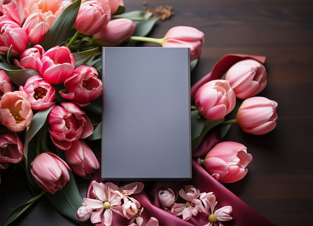 Beautiful mock up with blank card and tulip flowers, top view. Copyspaceの素材