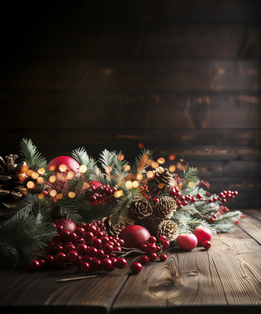 Christmas wreath with green fir branches, cones and red ornaments on dark wooden background with copy spaceの素材
