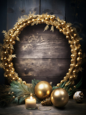 Christmas background with golden Christmas wreath frame , cedar branches, baubles and candle at rustic wooden backgropundの素材