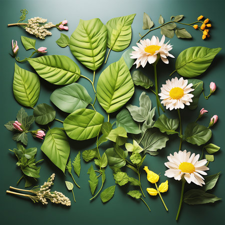 Green leaves, herbs and daisy flowers pattern on green background, top viewの素材