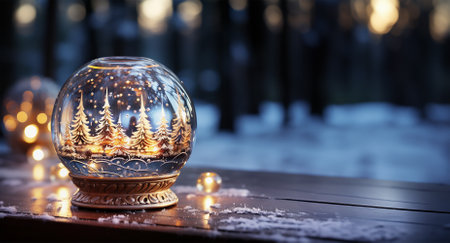 Christmas background with glass snow globe with fairy lighting and fir trees forest, banner with copy spaceの素材