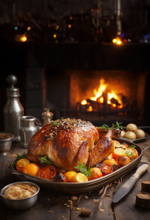 Roasted whole turkey with vegetables on rustic wooden kitchen table at fireplace background, front viewの素材