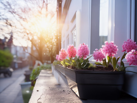 Pink hyacinths flowers on window box at sunlight background, outdoorの素材