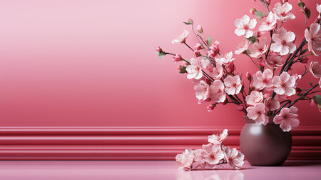 Springtime banner with cherry blossom bunch in vase on pink desk at wall background, copy spaceの素材