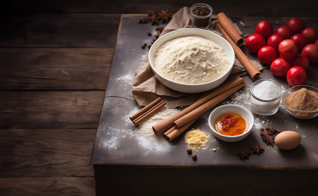 Baking background with flour, apples, cinnamon sticks and jam on rustic wooden background, top viewの素材