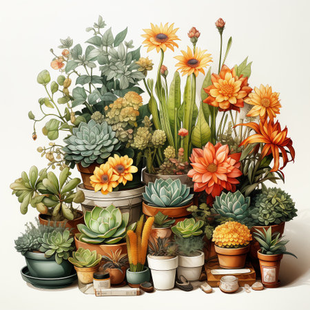 Collection of potted house plants and flowers on white backgroundの素材