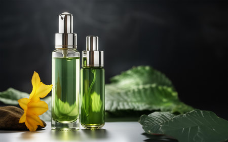 Green cosmetic product bottles with serum and moisturizing essential oil with herbal leavesの素材