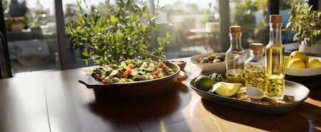 Healthy green salad bowl with vegetables on table with salad dressing ingredients: lemon and olive oil in bottlesの素材