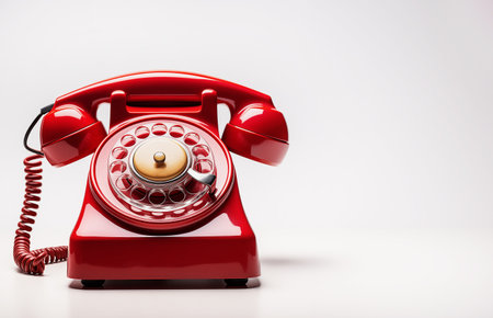 Red retro phone on white background with copy spaceの素材