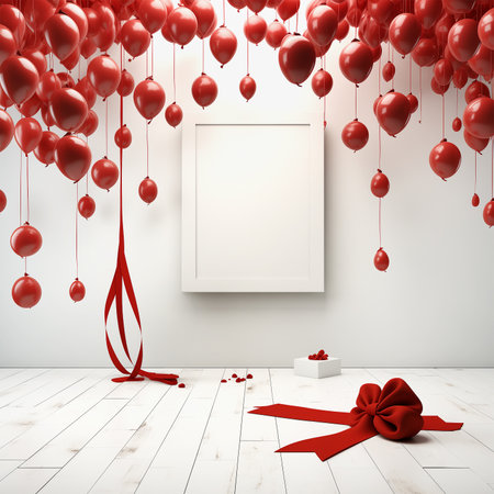 Frame at white wall and many red ribbon, bow and gift box on floorの素材