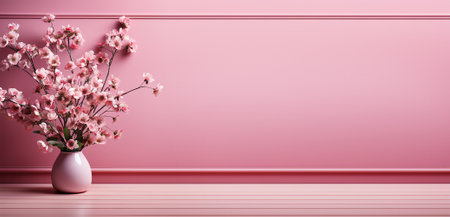 Cherry blossom branches in vase at pink background, bannerの素材