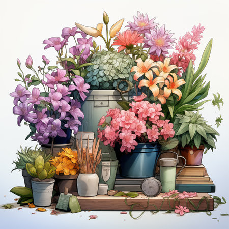 Illustration of various colorful potted flowers at white backgroundの素材