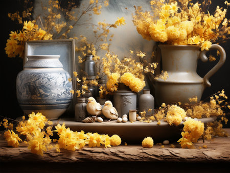 Still life with yellow Japanese rose and Forsythia flowers branches in vases and chicks and eggs on table. Easter vintage greeting card.の素材