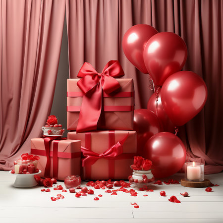 Valentine's day greeting composition with red gift boxes with balloon, red roses and candlesの素材