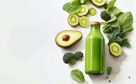 Green smoothie bottle with fruits and vegetable ingredients on white background with copy spaceの素材