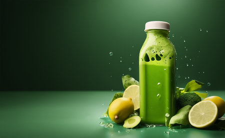 Green smoothie bottle with ingredients standing on table at green background with copy spaceの素材