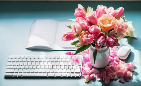 Beautiful bouquet of fresh pink tulips on a desk with a keyboard. Springtime flowers.の素材