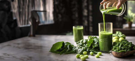 Hand pours green smoothie from jug into glass on table with smoothie ingredients: spinach and kale, banner. Healthy clean foodの素材