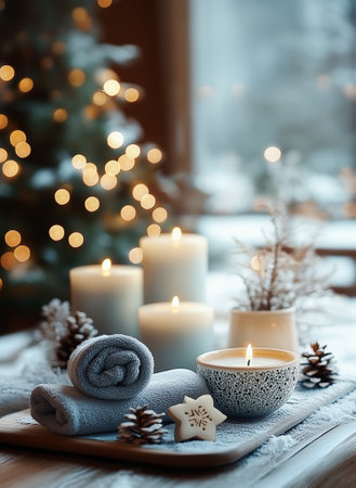 Towels and burning scented candle on table at winter spa, calming and relaxing placeの素材