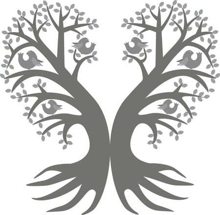 two trees in the form of heart with birds sitting on themの写真素材