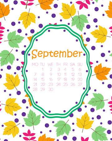 Colorful calendar for September, with green and yellow maple leaves, and berries.のイラスト素材