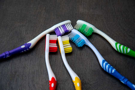 Multi colored toothbrushes clean medical plastic colorの写真素材