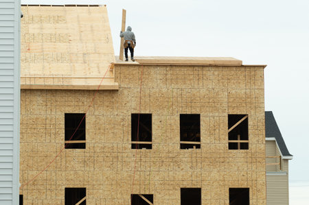 construction of a large plywood house new roof woodenの写真素材