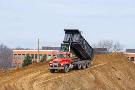 big dump truck sand unloading heavy red hydraulic car