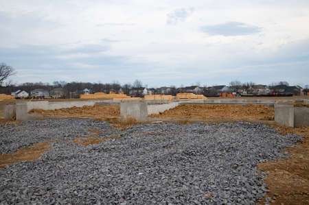 New home foundation slab construction with reinforced concrete real dayの写真素材