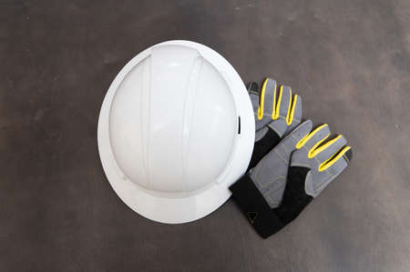 construction helmet and costruction gloves work safety builder toolの写真素材