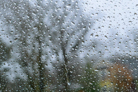 Natural water drops on glass window flowの写真素材