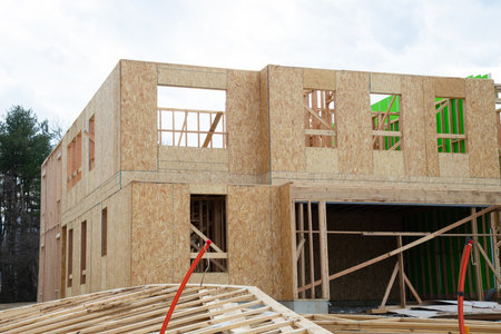 the walls of the new house are covered with plywood frame wood beam joist material plank building